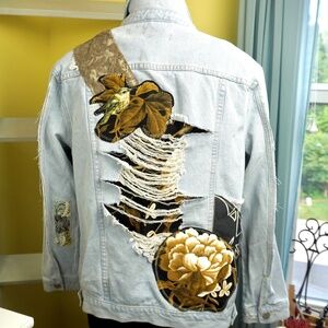 Denim Jean Jacket Patchwork Distressed One of A Kind Upcycled Birds Flowers Boho